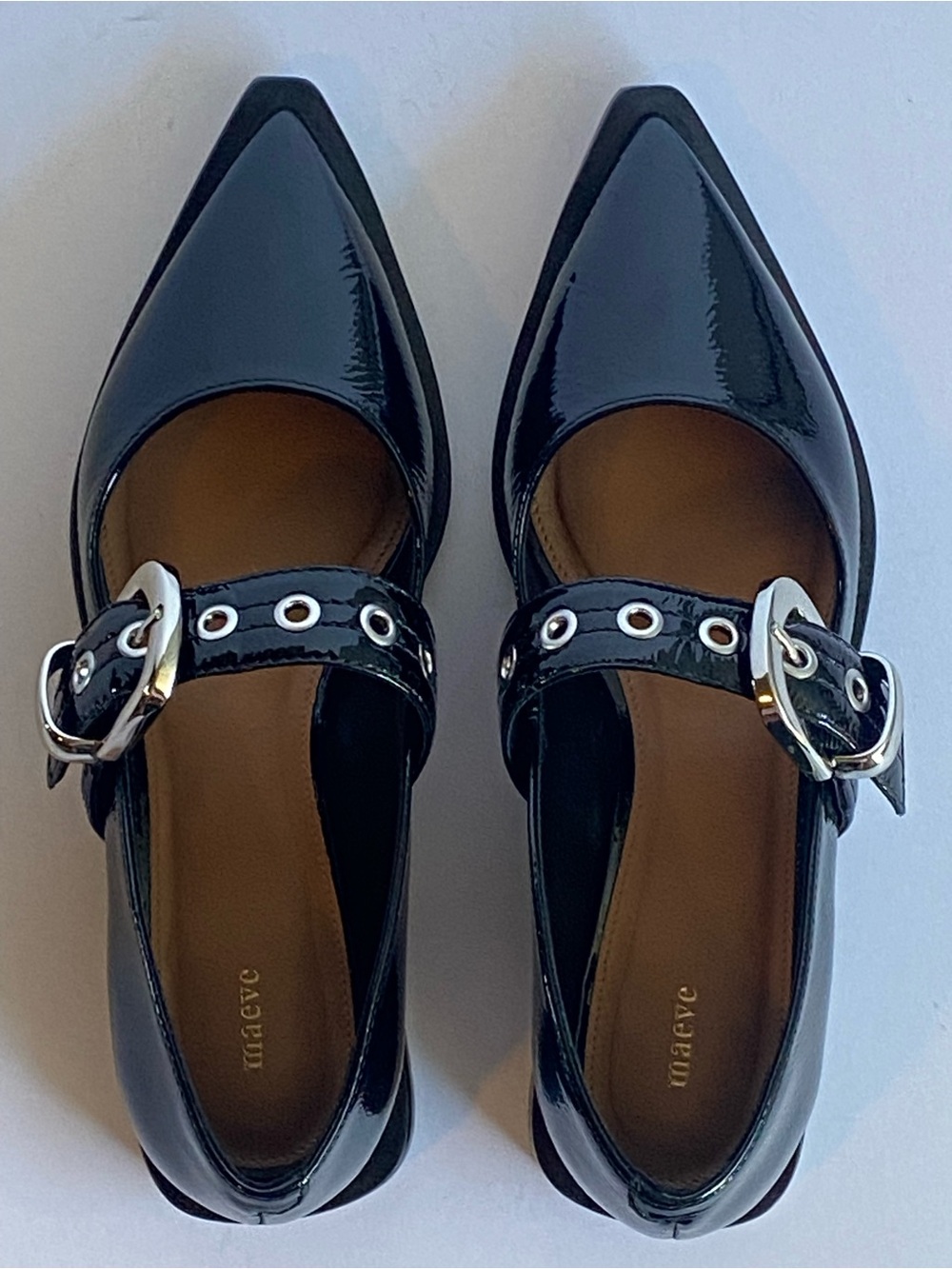 Maeve anthropology Pointed Toe Moto Mary Jane Flats Black Patent EU 36 US 6